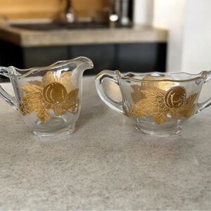Vintage Paden City Glass Golden Fruit Creamer Pitcher and Sugar Bowl.